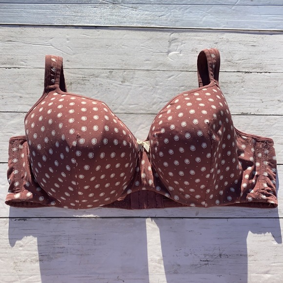 Cacique Other - Cacique 44DD Bra Lightly Lined Balconette Underwire Mauve Cream Floral Dot Soft